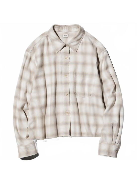 Uniqlo Tops - Uniqlo Flannel Boxy Cropped Shirt | Ombre Checked NWT Off White Unisex XL